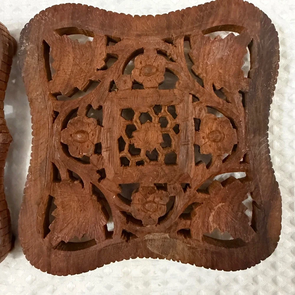 Vintage Hand-Carved wooden trivet crafted in India w floral & leaf motifs